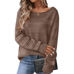 imageZeagoo Womens Sweaters Cute Long Sleeve Off The Shoulder Pullover Tops Hollow Out Crochet Dressy Casual OutfitsAdark Brown