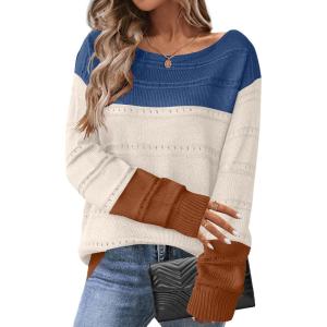 imageZeagoo Womens Sweaters Cute Long Sleeve Off The Shoulder Pullover Tops Hollow Out Crochet Dressy Casual OutfitsColorblock 458