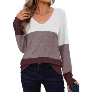 imageZeagoo Womens Sweaters Fall 2025 Long Sleeve Knit Pullover V Neck Lightweight Crochet Sweater Tops Dressy CasualColorblock Jh284