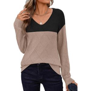 imageZeagoo Womens Sweaters Fall 2025 Long Sleeve Knit Pullover V Neck Lightweight Crochet Sweater Tops Dressy CasualColorblock Jh395