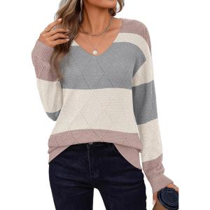imageZeagoo Womens Sweaters Fall 2025 Long Sleeve Knit Pullover V Neck Lightweight Crochet Sweater Tops Dressy CasualColorblock Jh537