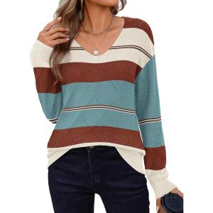 imageZeagoo Womens Sweaters Fall 2025 Long Sleeve Knit Pullover V Neck Lightweight Crochet Sweater Tops Dressy CasualColorblock Tz163