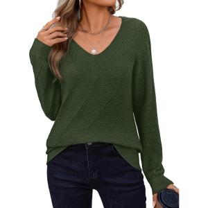 imageZeagoo Womens Sweaters Fall 2025 Long Sleeve Knit Pullover V Neck Lightweight Crochet Sweater Tops Dressy CasualGreen