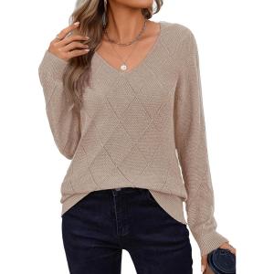 imageZeagoo Womens Sweaters Fall 2025 Long Sleeve Knit Pullover V Neck Lightweight Crochet Sweater Tops Dressy CasualKhaki
