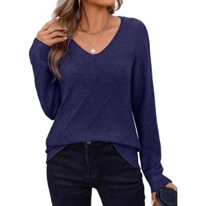 imageZeagoo Womens Sweaters Fall 2025 Long Sleeve Knit Pullover V Neck Lightweight Crochet Sweater Tops Dressy CasualNavy Blue