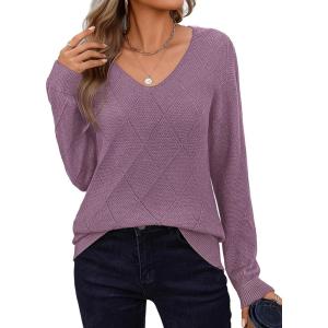 imageZeagoo Womens Sweaters Fall 2025 Long Sleeve Knit Pullover V Neck Lightweight Crochet Sweater Tops Dressy CasualPurple
