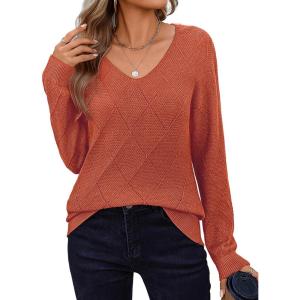 imageZeagoo Womens Sweaters Fall 2025 Long Sleeve Knit Pullover V Neck Lightweight Crochet Sweater Tops Dressy CasualRust Brown