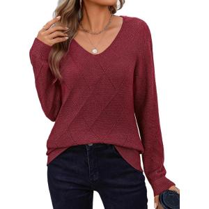 imageZeagoo Womens Sweaters Fall 2025 Long Sleeve Knit Pullover V Neck Lightweight Crochet Sweater Tops Dressy CasualWine Red