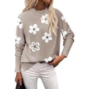 imageZeagoo Womens Sweaters Loose Knit Side Button 2025 Fall Fashion Trendy Casual Pullover Tops ClothesKhaki Flower