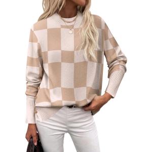 imageZeagoo Womens Sweaters Loose Knit Side Button 2025 Fall Fashion Trendy Casual Pullover Tops ClothesKhakiplaid