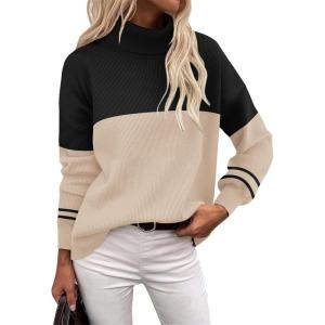 imageZeagoo Womens Turtleneck Sweater 2025 Fall Winter Chunky Knit Sweaters Casual Side Slit Pullover Jumper TopApricot Black Stripe