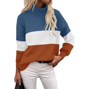 imageZeagoo Womens Turtleneck Sweater 2025 Fall Winter Chunky Knit Sweaters Casual Side Slit Pullover Jumper TopColorblock 458