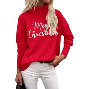 imageZeagoo Womens Turtleneck Sweater 2025 Fall Winter Chunky Knitted Pullover High Low Hem Trendy Basic Jumper TopChristmas Letter