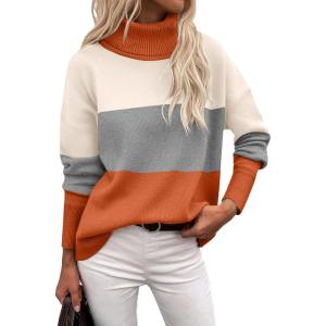 imageZeagoo Womens Turtleneck Sweater 2025 Fall Winter Chunky Knitted Pullover High Low Hem Trendy Basic Jumper TopColorblock Orange