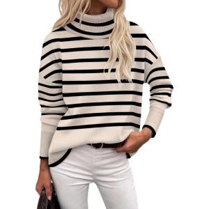 imageZeagoo Womens Turtleneck Sweater 2025 Fall Winter Chunky Knitted Pullover High Low Hem Trendy Basic Jumper TopStriped Beige