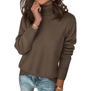 imageZeagoo Womens Turtleneck Sweater Long Sleeve Spilt Hem Casual Knit Pullover Chunky Fall Winter Jumper Top 2025Brown