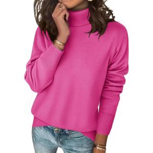 imageZeagoo Womens Turtleneck Sweater Long Sleeve Spilt Hem Casual Knit Pullover Chunky Fall Winter Jumper Top 2025Hot Pink