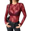 imageZeagoo Womens Mesh Long Sleeve Tops Mock Neck Going Out See Through Shirts Sexy Sheer Blouses Clubwear SXXLLace Wine Red