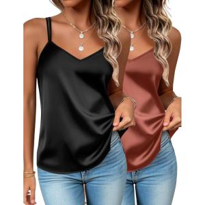 imageZeagoo Silk Camisole Tops for Women 2025 V Neck Satin Tank Top Spaghetti Strap Cross Back Sleeveless Summer Blouses2 Pack Blackcaramel
