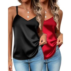 imageZeagoo Silk Camisole Tops for Women 2025 V Neck Satin Tank Top Spaghetti Strap Cross Back Sleeveless Summer Blouses2 Pack Blackred