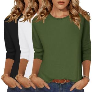 imageZeagoo Tops for Women 3 Pack 34 Sleeve Crewneck Cute Basics Tees Casual Fashion Summer T Shirts Business Work Tee TopBlackwhitearmy Green