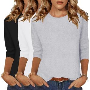 imageZeagoo Tops for Women 3 Pack 34 Sleeve Crewneck Cute Basics Tees Casual Fashion Summer T Shirts Business Work Tee TopBlackwhitegrey