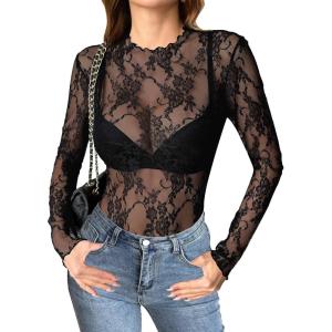 imageZeagoo Womens Mesh Long Sleeve Tops Mock Neck Going Out See Through Shirts Sexy Sheer Blouses Clubwear SXXLLace Black