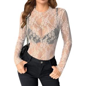 imageZeagoo Womens Mesh Long Sleeve Tops Mock Neck Going Out See Through Shirts Sexy Sheer Blouses Clubwear SXXLLace Champagne