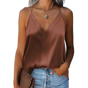 imageZeagoo Womens Silk Satin Tank Tops V Neck Sleeveless Camisole Cami Spaghetti Straps Blouse Summer Loose Racerback ShirtBrown