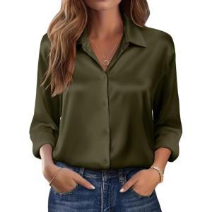 imageZeagoo Womens Tops Long Sleeve Satin Silk Button Down Shirts Casual Business Dressy Blouses Fall ClothesArmy Green