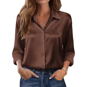 imageZeagoo Womens Tops Long Sleeve Satin Silk Button Down Shirts Casual Business Dressy Blouses Fall ClothesBrown