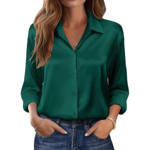imageZeagoo Womens Tops Long Sleeve Satin Silk Button Down Shirts Casual Business Dressy Blouses Fall ClothesDark Green