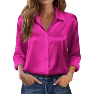 imageZeagoo Womens Tops Long Sleeve Satin Silk Button Down Shirts Casual Business Dressy Blouses Fall ClothesHot Pink