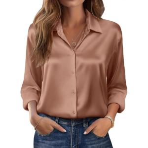 imageZeagoo Womens Tops Long Sleeve Satin Silk Button Down Shirts Casual Business Dressy Blouses Fall ClothesLight Coffee