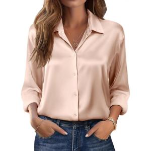 imageZeagoo Womens Tops Long Sleeve Satin Silk Button Down Shirts Casual Business Dressy Blouses Fall ClothesLight Khaki