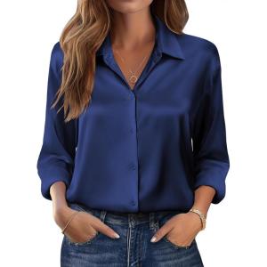 imageZeagoo Womens Tops Long Sleeve Satin Silk Button Down Shirts Casual Business Dressy Blouses Fall ClothesNavy Blue