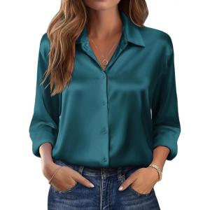 imageZeagoo Womens Tops Long Sleeve Satin Silk Button Down Shirts Casual Business Dressy Blouses Fall ClothesPeacock Blue