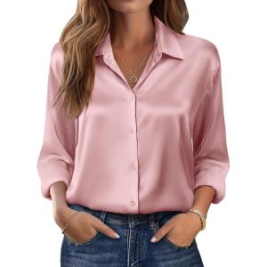 imageZeagoo Womens Tops Long Sleeve Satin Silk Button Down Shirts Casual Business Dressy Blouses Fall ClothesPink