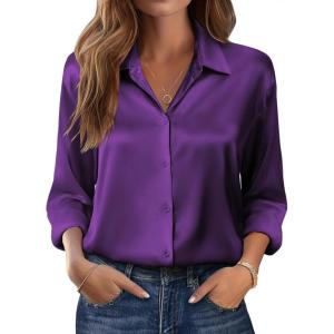 imageZeagoo Womens Tops Long Sleeve Satin Silk Button Down Shirts Casual Business Dressy Blouses Fall ClothesPurple