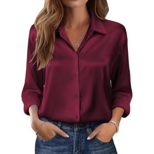 imageZeagoo Womens Tops Long Sleeve Satin Silk Button Down Shirts Casual Business Dressy Blouses Fall ClothesWine Red
