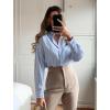 imageZeagoo Womens Button Down Shirts Long Sleeve V Neck Tops Wrinkle Free Collared Work Office Solid Blouses Corset TopsWide Blue Stripe