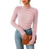 imageZeagoo Womens Long Sleeve Stretch Shirts Mock Neck Ribbed TShirt Fitted Casual Basic Tops 2024Pink Stripe