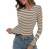 imageZeagoo Womens Ribbed Fitted Crop Tops Long Sleeve T Shirts Basic Scoop Neck Casual Slim Fitted Y2k Clothes 2025White Brown Stripe