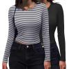 imageZeagoo Womens Ribbed Fitted Crop Tops Long Sleeve T Shirts Basic Scoop Neck Casual Slim Fitted Y2k Clothes 2025White Brown Stripe