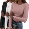 imageZeagoo Womens Long Sleeve Stretch Crewneck Ribbed TShirt Slim Fit Casual Basic Tops SXXLBblackwhitelight Pink