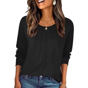 imageZeagoo Fall Tops for Women Long Sleeve Shirts Casual Cotton Blouses 2025 Dressy Pleated TunicsBlack