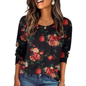 imageZeagoo Fall Tops for Women Long Sleeve Shirts Casual Cotton Blouses 2025 Dressy Pleated TunicsBlack Floral
