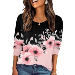 imageZeagoo Fall Tops for Women Long Sleeve Shirts Casual Cotton Blouses 2025 Dressy Pleated TunicsBlackpink