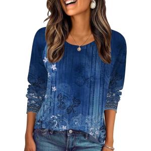 imageZeagoo Fall Tops for Women Long Sleeve Shirts Casual Cotton Blouses 2025 Dressy Pleated TunicsBlue Floral