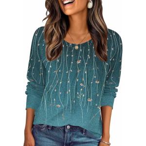 imageZeagoo Fall Tops for Women Long Sleeve Shirts Casual Cotton Blouses 2025 Dressy Pleated TunicsBlue Green